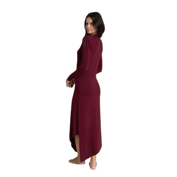 Colorblock Knit Long Sleeve Burgundy & Magenta Asymmetrical Maxi Dress - Picture 2 of 9